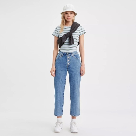 Levi’s | Mile High Wide Leg Exposed Button Crop Blue Denim Jean 29/8 90s Y2K - Picture 1 of 14